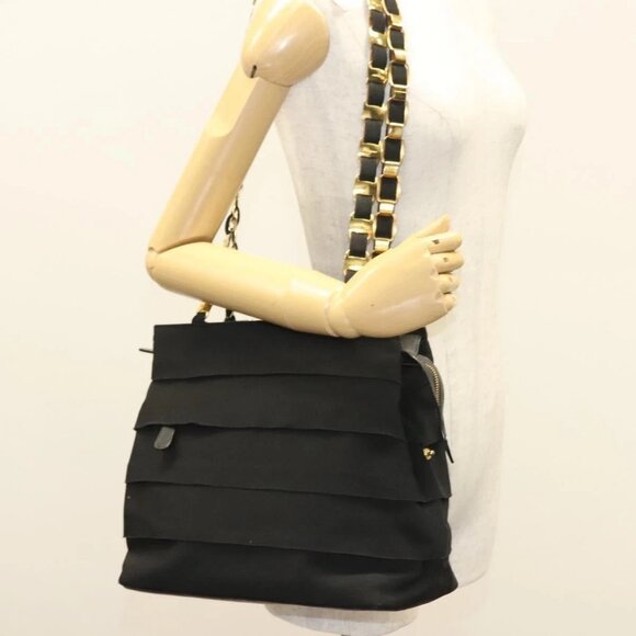 Salvatore Ferragamo Chain Vala Shoulder Bag Canvas Black Gold Auth - Picture 1 of 16